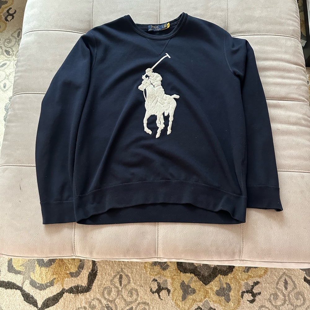 Navy blue crew neck huge embroidered polo in white